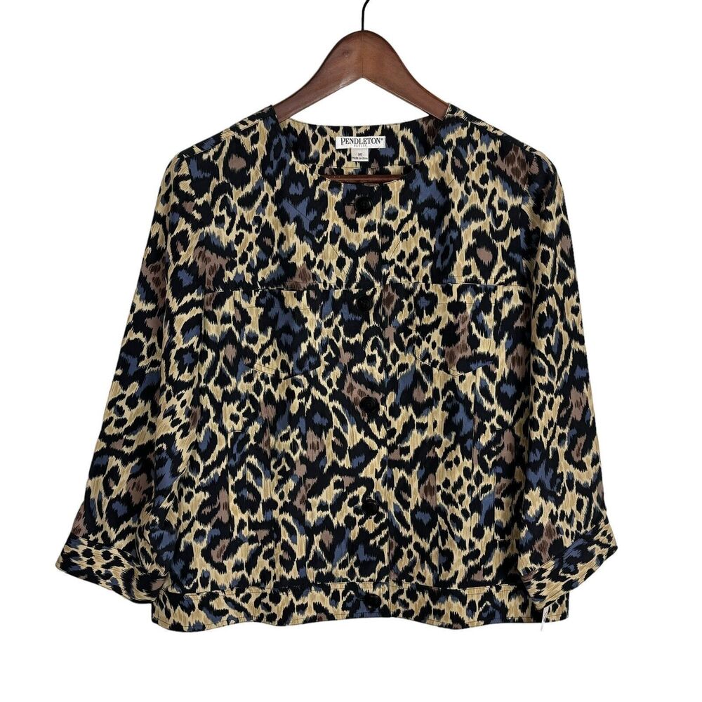 NWT Pendleton Silk Blue Tan Animal Print Light Blazer Top Women's Petite Medium